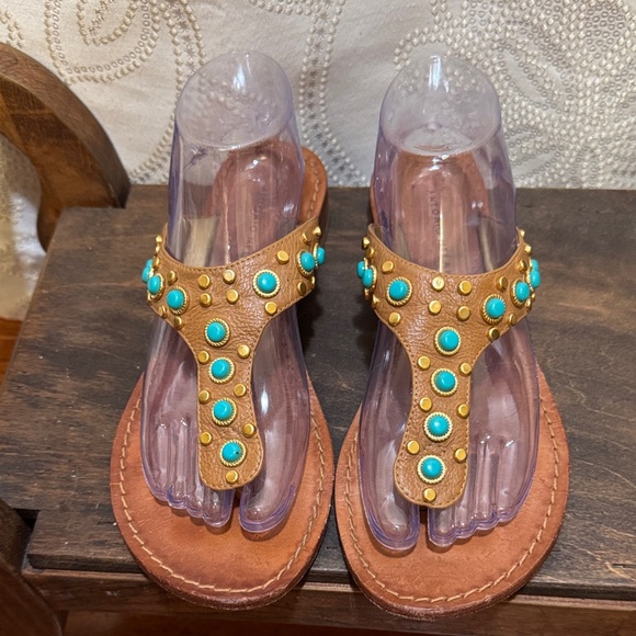 ANTONIO MELANI Womens Leather Maya Turquoise & Gold Jewel Studded Flat Sandals - Picture 1 of 4